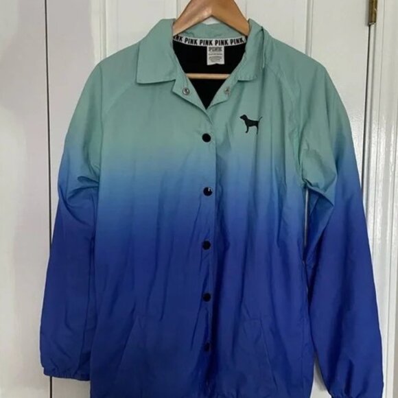 Victoria Secret Pink Logo Blue Ombre Snap Front Jacket with Collar & Pockets - Picture 1 of 7